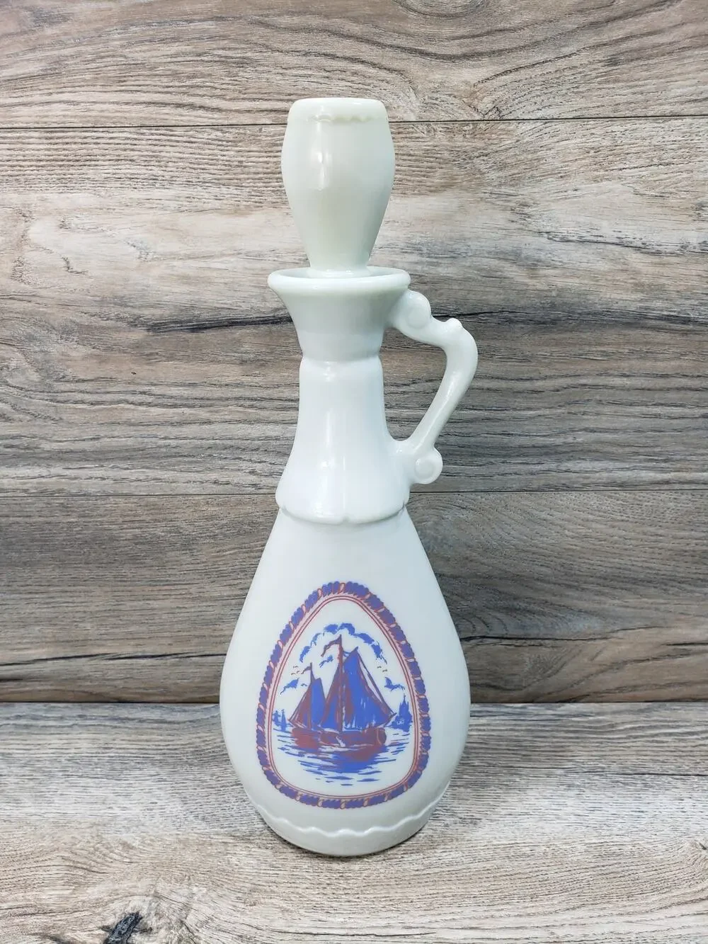 Jim Beam Delft Blue Red Sailing Ships Windmill Whiskey Decanter Bottle 1963